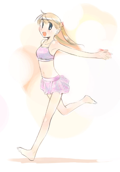 ikeda jun (mizutamari), 1girl, armpits, barefoot, bikini, blonde hair, feet, female focus, full body, pink bikini, plaid bikini, plaid clothes, solo, swimsuit, toes, twintails