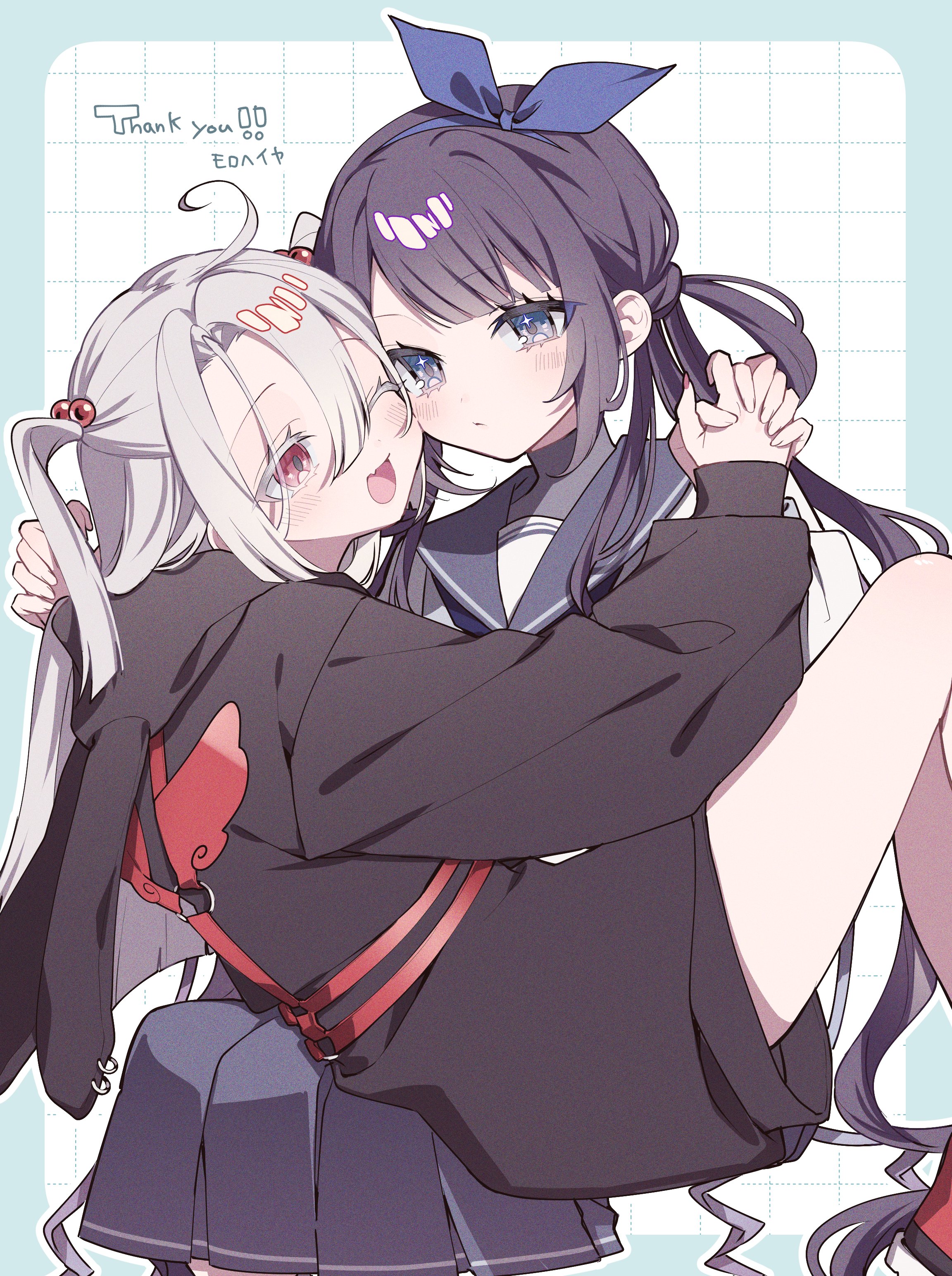 original, absurdres, commission, highres, skeb commission, 2girls, animal hood, black hair, blue eyes, blue sailor collar, blush, fang, grey hair, hair ornament, holding hands, hood, hoodie, long hair, multiple girls, one eye closed, open mouth, purple hair, red eyes, sailor collar, school uniform, serafuku, smile, twintails, tznb last, yuri