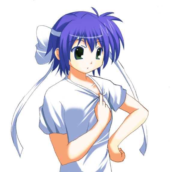odaya, odayan, subaru nakajima, lyrical nanoha, mahou shoujo lyrical nanoha, mahou shoujo lyrical nanoha strikers, 00s, 1girl, blue hair, collarbone, female focus, green eyes, headband, shirt tug, short hair, short sleeves, simple background, solo, upper body, white background