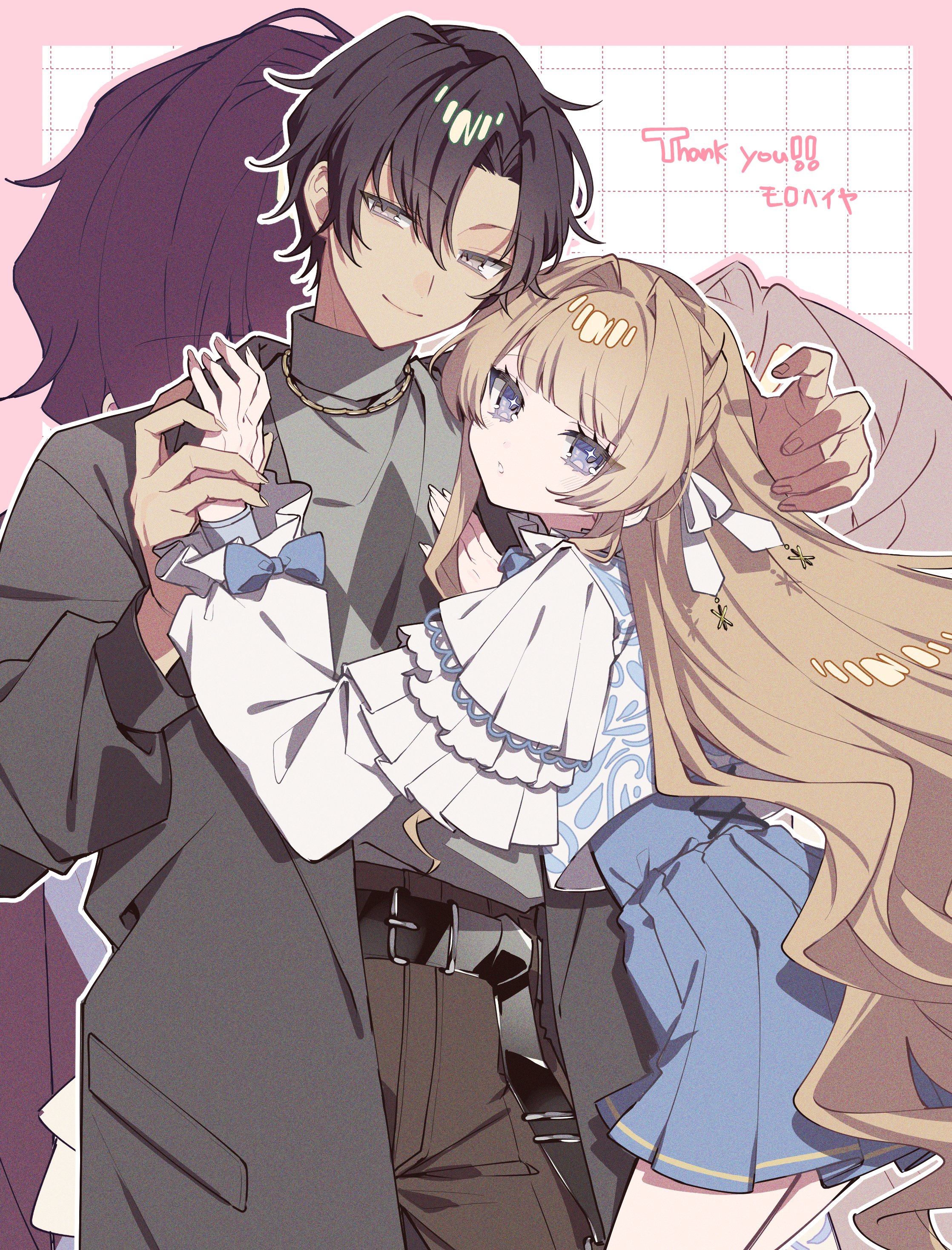 original, absurdres, commission, highres, skeb commission, 1boy, 1girl, belt, black belt, black hair, black jacket, blonde hair, blue eyes, blue skirt, border, bow, brown hair, brown pants, closed mouth, dress, frills, hetero, jacket, jewelry, long hair, long sleeves, looking at viewer, necklace, pants, pink border, shirt, short hair, skirt, smile, tznb last, very long hair, white shirt, zoom layer