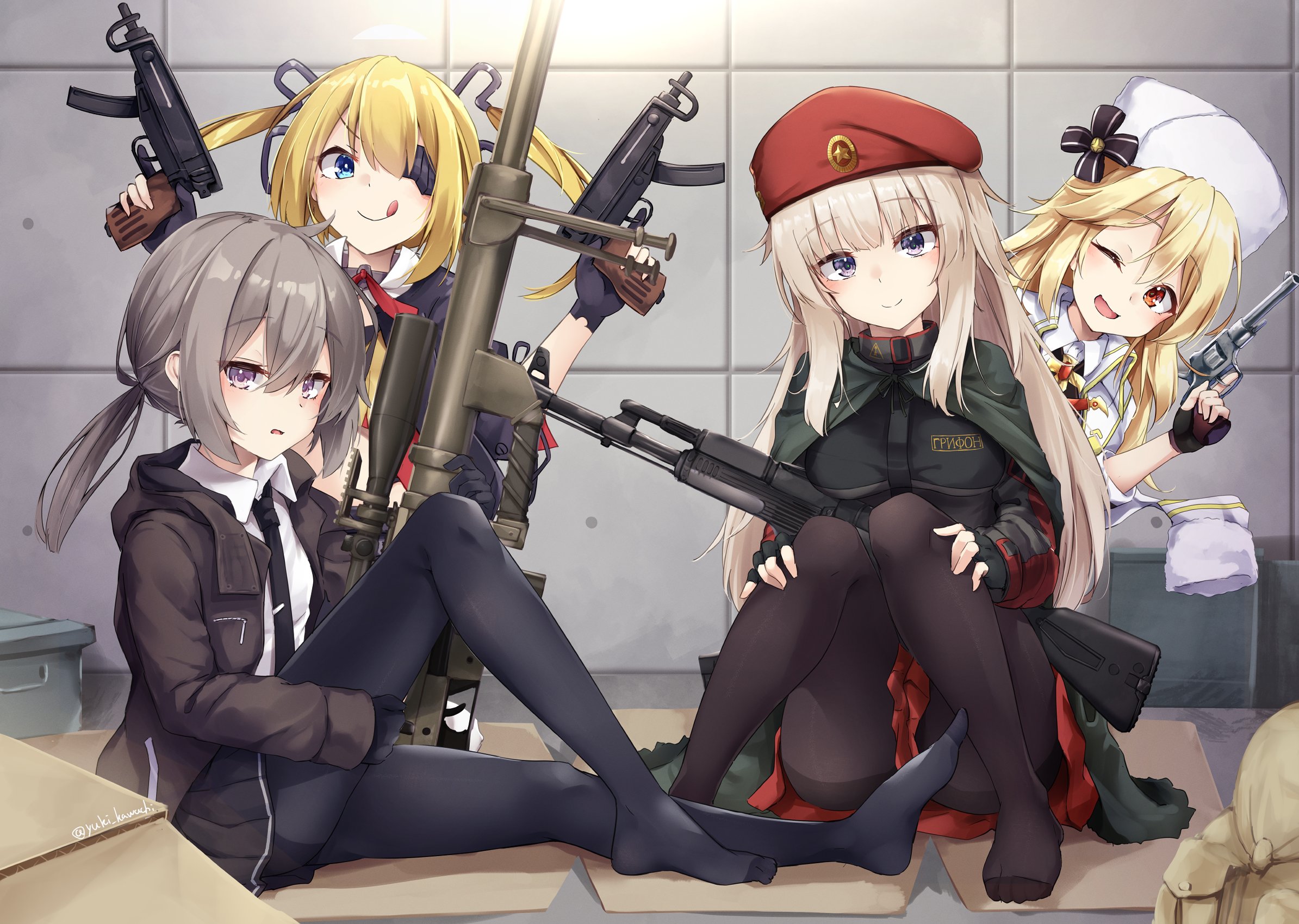 yuki kawachi, ak74m (girls' frontline), m200 (girls' frontline), nagant revolver (girls' frontline), skorpion (girls' frontline), girls' frontline, highres, 4girls, ahoge, ak-74m, assault rifle, beret, black necktie, blonde hair, blue eyes, bolt action, cheytac m200, collared shirt, eyepatch, fur hat, gloves, grey hair, gun, hair ornament, hair tubes, handgun, hat, holding, jacket, kalashnikov rifle, licking lips, long hair, looking at viewer, multiple girls, nagant m1895, necktie, on floor, one eye closed, pantyhose, ponytail, purple eyes, red eyes, red skirt, revolver, rifle, shirt, sitting, skirt, skorpion vz. 61, smile, sniper rifle, snowflake hair ornament, submachine gun, tongue, tongue out, twintails, ushanka, weapon, white shirt