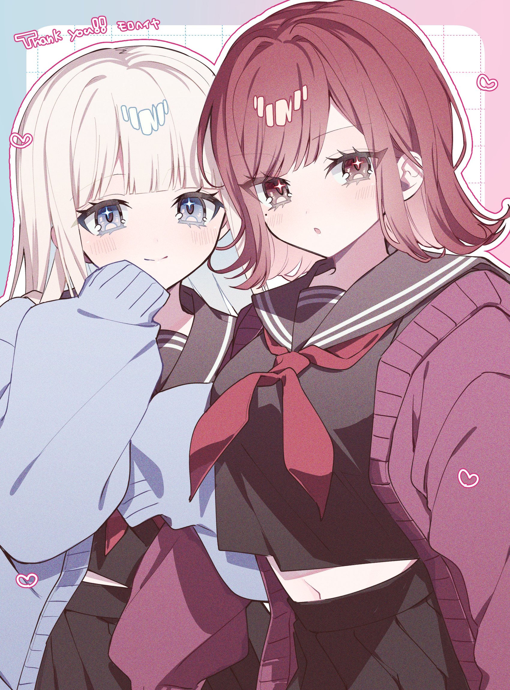 original, commission, highres, skeb commission, 2girls, :o, black sailor collar, black skirt, blonde hair, blue cardigan, blue eyes, blush, cardigan, closed mouth, flipped hair, heart, long hair, long sleeves, looking at viewer, multiple girls, navel, neckerchief, red hair, red neckerchief, sailor collar, school uniform, serafuku, shirt, skirt, sleeves past wrists, smile, tznb last, white hair