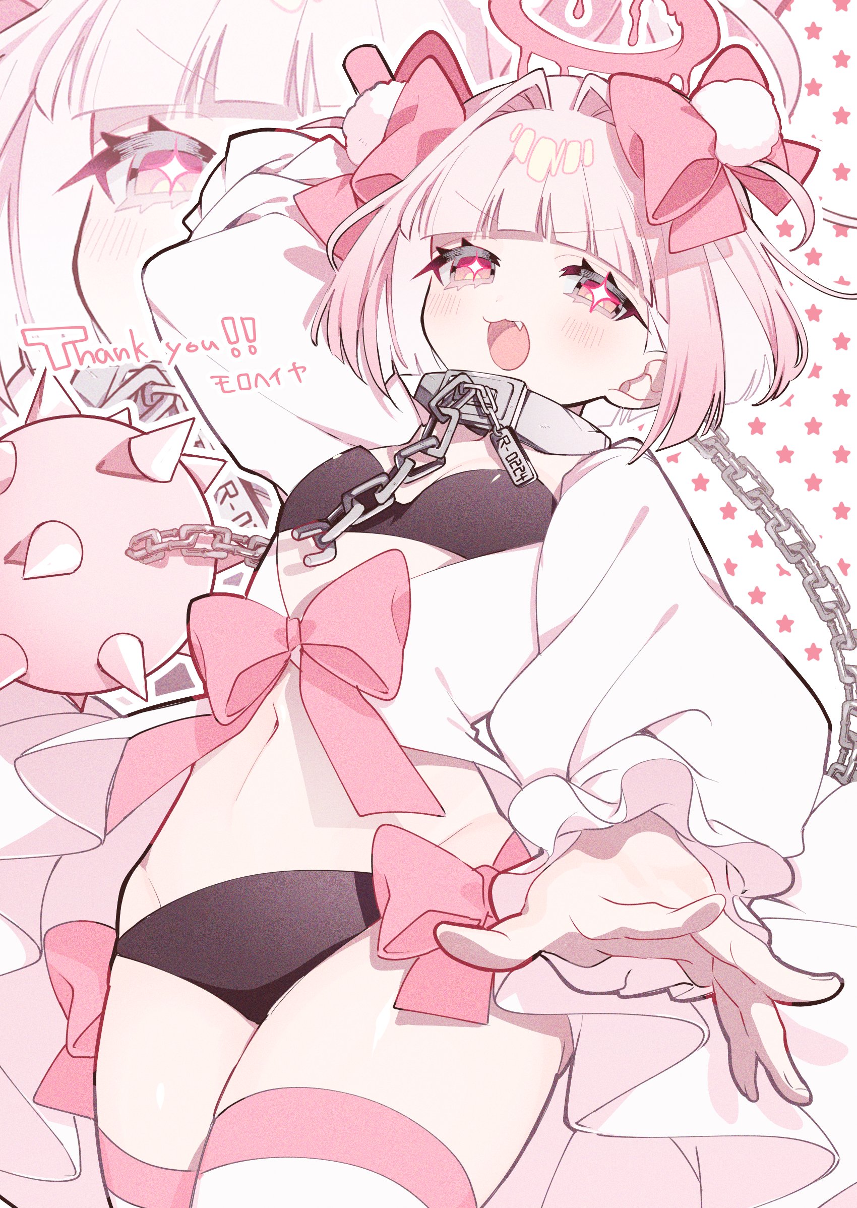 original, commission, highres, skeb commission, + +, 1girl, bikini, black bikini, blunt bangs, blush, bow, chain, chain leash, collar, dress, fang, hair bow, leash, long sleeves, looking at viewer, navel, open mouth, pink bow, pink eyes, pink hair, pink ribbon, puffy long sleeves, puffy sleeves, ribbon, short hair, smile, solo, star-shaped pupils, star (symbol), swimsuit, symbol-shaped pupils, thank you, tznb last, underwear, weapon, white dress