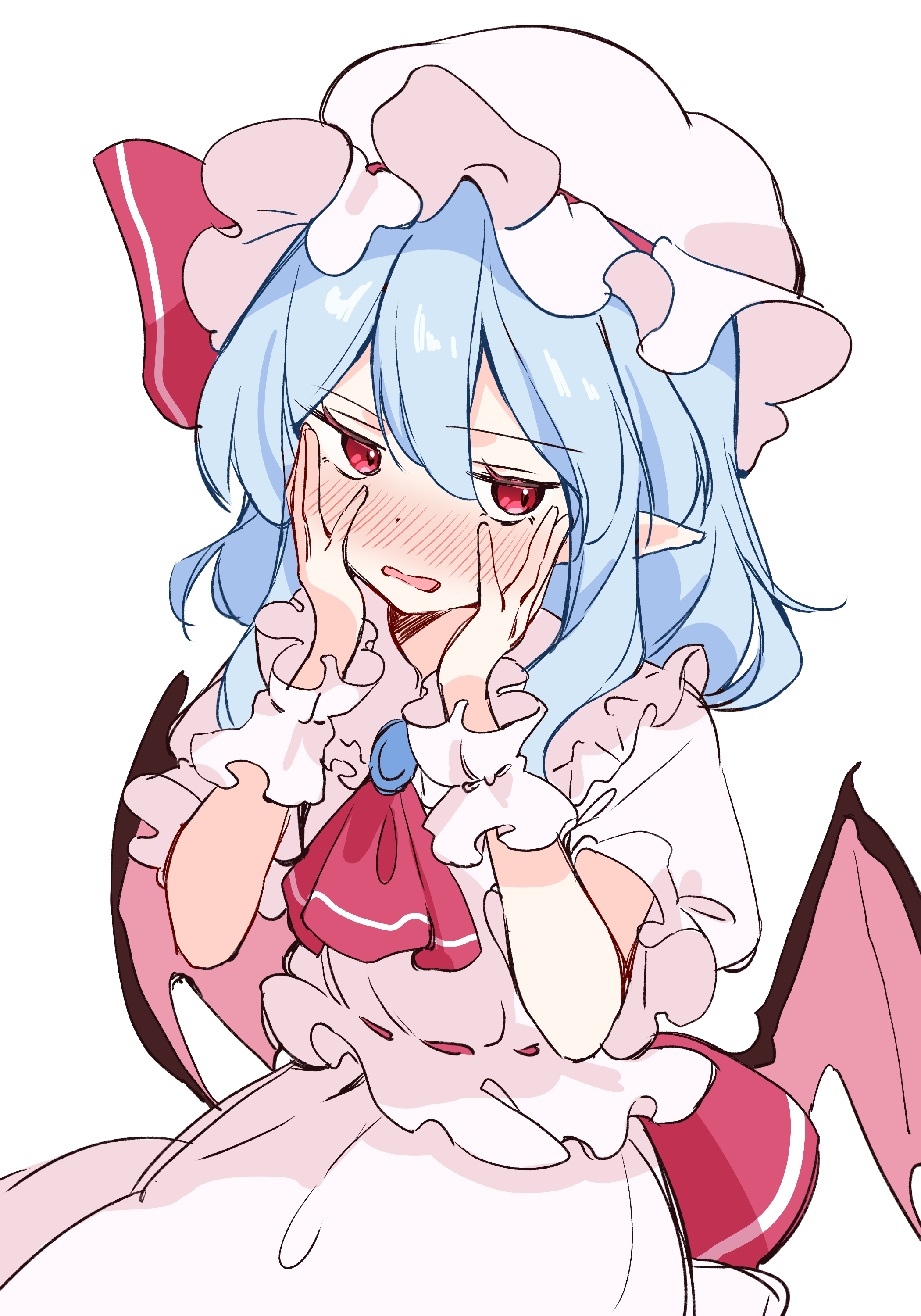 comorebi, remilia scarlet, touhou, absurdres, highres, 1girl, ascot, bat wings, blue brooch, collared shirt, embarrassed, frilled cuffs, frilled hat, frilled shirt, frilled shirt collar, frills, hair between eyes, hands on own face, hat, hat ribbon, medium hair, mob cap, parted lips, pointy ears, puffy short sleeves, puffy sleeves, purple hair, red ascot, red eyes, red ribbon, ribbon, shirt, short sleeves, skirt, solo, white hat, white shirt, white skirt, wings, wrist cuffs