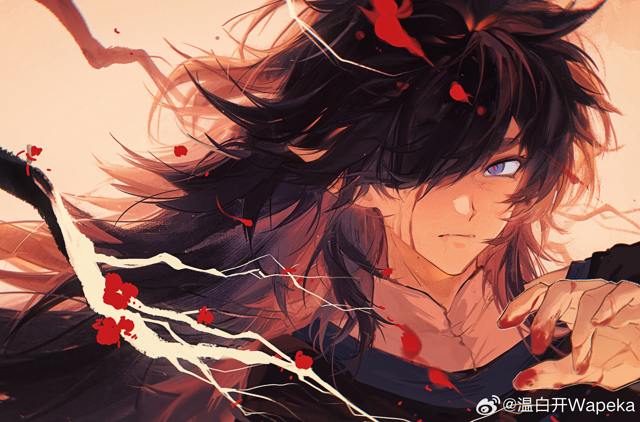 fengxi (the legend of luoxiaohei), luo xiaohei zhanji, highres, 1boy, blood, blood on hands, chromatic aberration, hair over one eye, hand up, long hair, looking at viewer, male focus, pointy ears, purple eyes, purple hair, red background, solo, weibo 6632877838