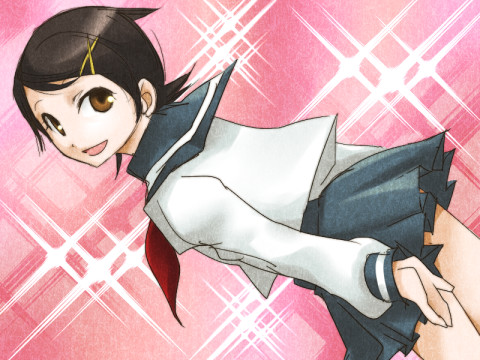bk, mudo (saji), fuura kafuka, sayonara zetsubou sensei, lowres, 00s, 1girl, female focus, looking back, school uniform, serafuku, solo