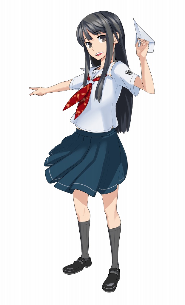 forgotten artist, futami eriko, kimi kiss, 1girl, :d, black socks, emblem, female focus, kneehighs, loafers, looking at viewer, neckerchief, open mouth, paper airplane, school uniform, serafuku, shirt, shoes, smile, socks, solo, standing, white shirt