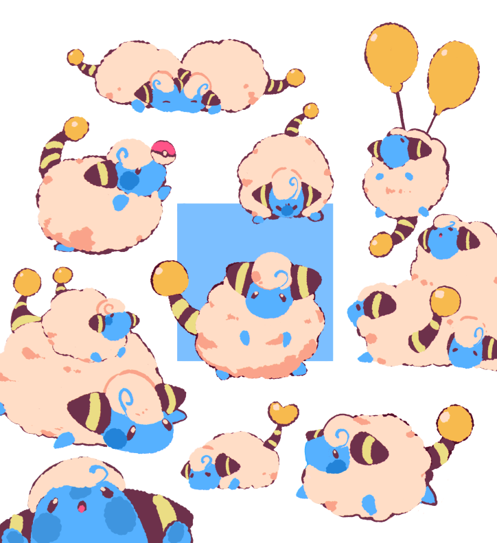 mareep, nintendo, pokemon, balancing, balloon, blue skin, cheek-to-cheek, closed eyes, colored skin, floating, gen 2 pokemon, heads together, lying, on stomach, open mouth, poke ball, poke ball (basic), pokemon (creature), pokemon focus, purano7, standing on another's back