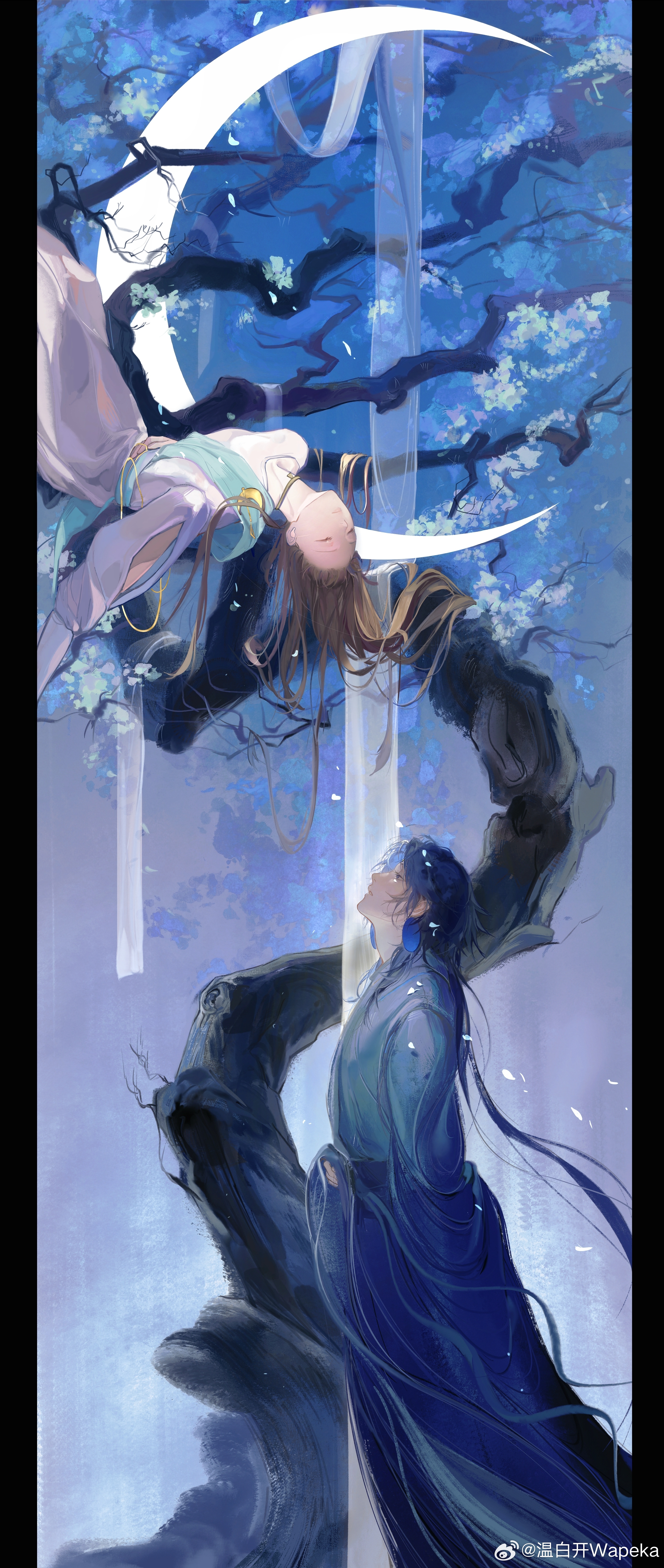 laojun (the legend of luoxiaohei), li qingning (the legend of luoxiaohei), lanxi zhen, luo xiaohei zhanji, absurdres, highres, 1boy, 1girl, black hair, blue hair, chinese clothes, closed eyes, crescent, crescent moon, earrings, falling petals, jewelry, long hair, long sleeves, moon, petals, tree, weibo 6632877838