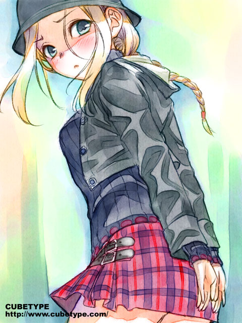 yuuki keisuke, ellen (folkssoul), folkssoul, sony, folklore, 1girl, blonde hair, blush, braid, covering ass, covering privates, female focus, green eyes, hat, skirt, skirt tug, solo