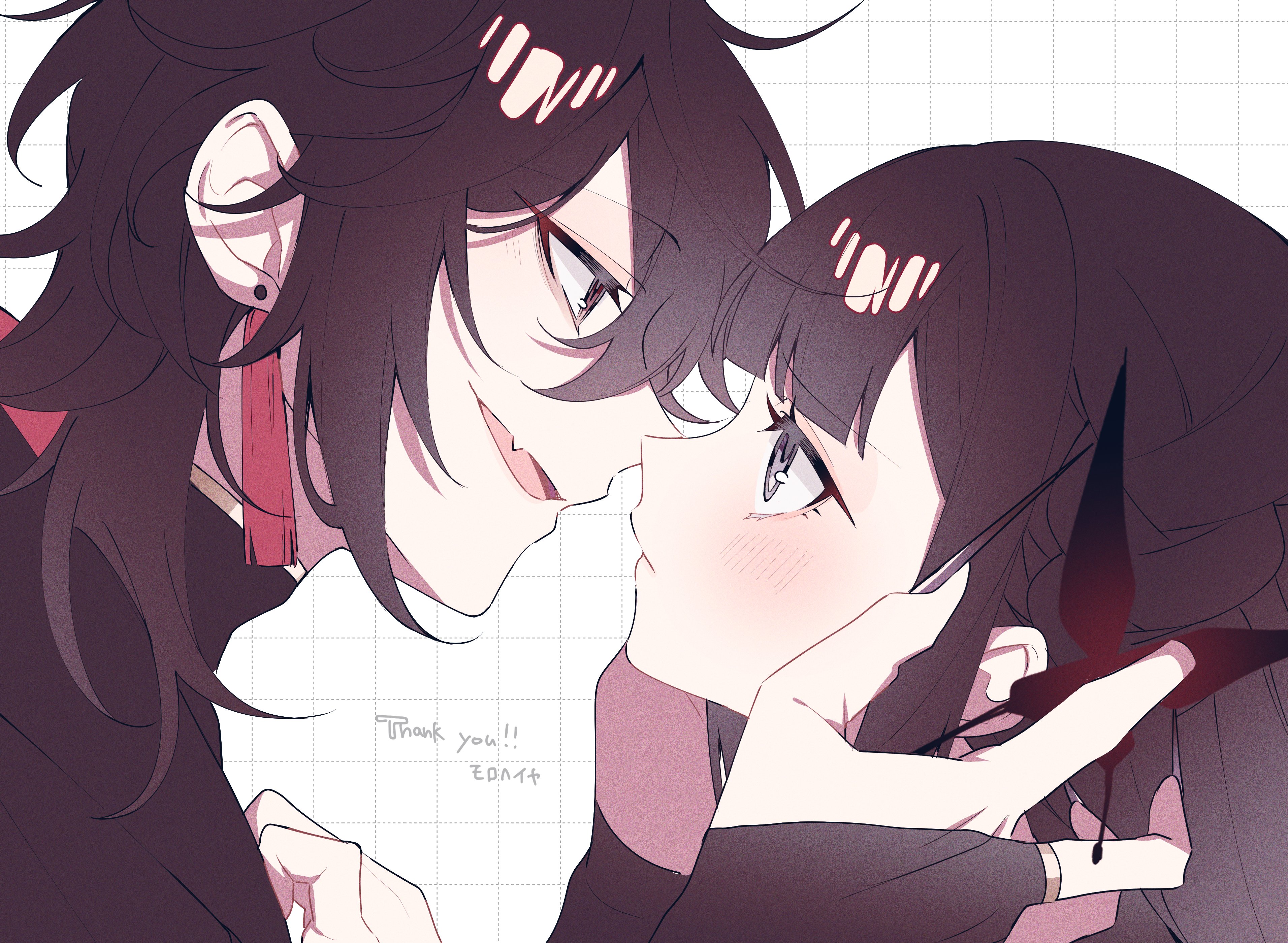 original, absurdres, commission, highres, skeb commission, 1boy, 1girl, black hair, blush, brown hair, earrings, eye contact, face-to-face, fang, grey eyes, hands on another's face, hetero, imminent kiss, jewelry, long hair, looking at another, open mouth, smile, tassel, tassel earrings, tznb last, white background