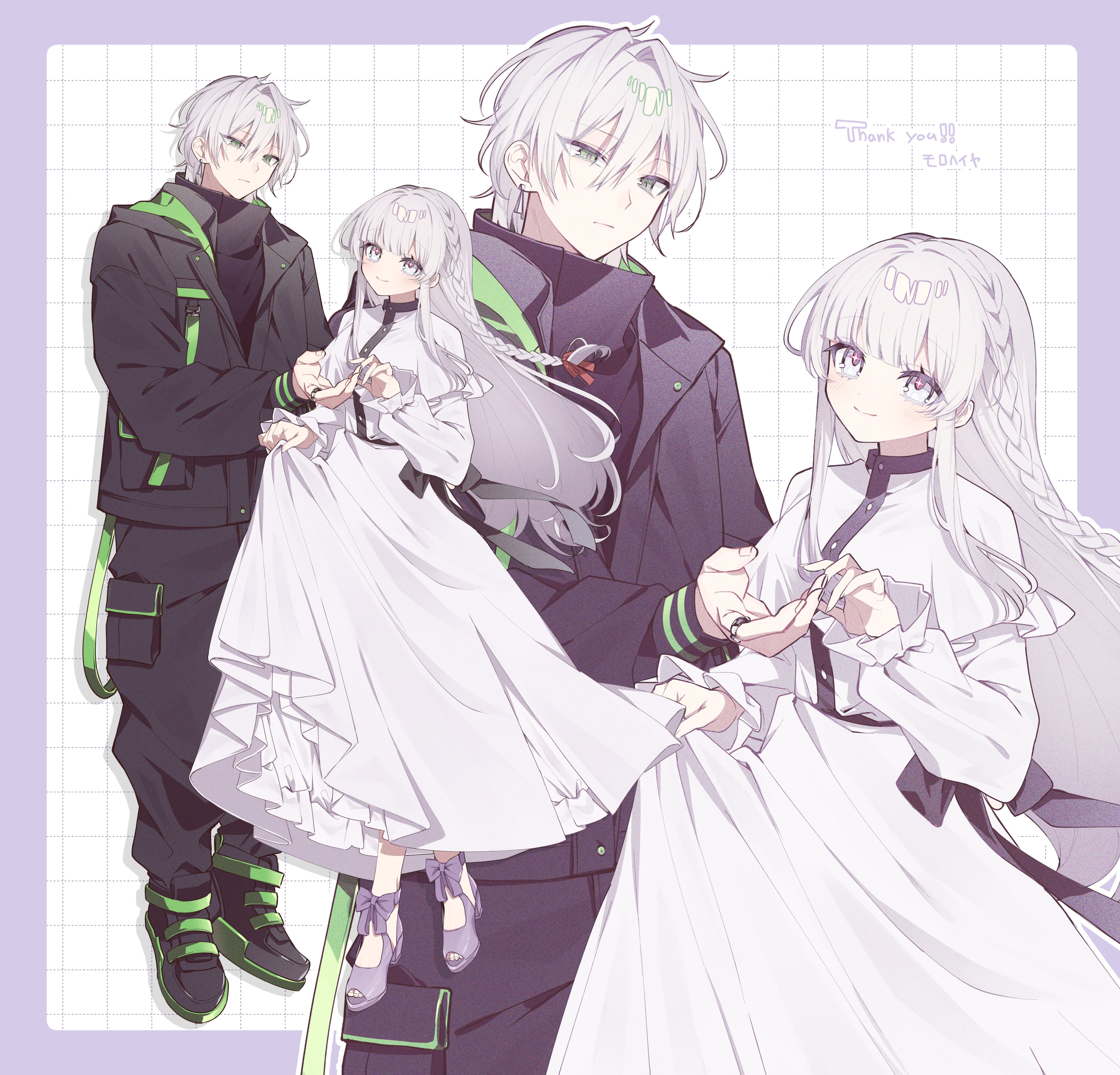original, absurdres, commission, highres, skeb commission, 1boy, 1girl, black bow, black jacket, black pants, black shirt, border, bow, braid, closed mouth, dress, full body, green eyes, grey eyes, grey hair, jacket, jewelry, long hair, long sleeves, looking at viewer, multiple views, open clothes, pants, shirt, shoes, skirt hold, smile, tznb last, white dress