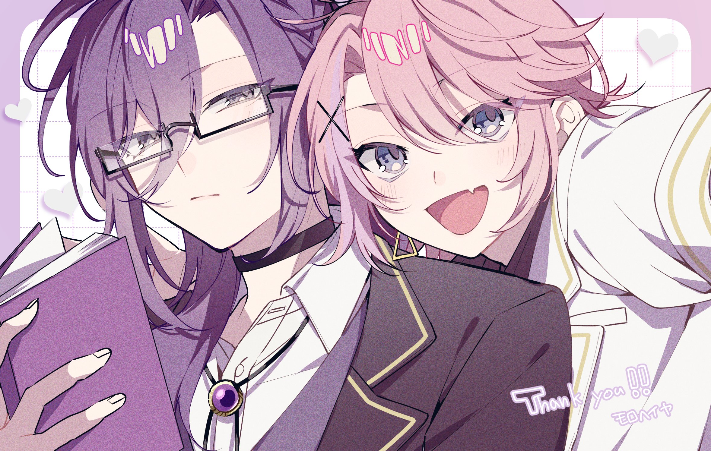 original, commission, highres, skeb commission, 2boys, black choker, blue eyes, choker, fang, glasses, grey eyes, hair ornament, long hair, looking at viewer, male focus, multiple boys, open mouth, pink hair, purple eyes, purple hair, rectangular eyewear, shirt, siblings, skin fang, smile, tznb last, white shirt, x hair ornament