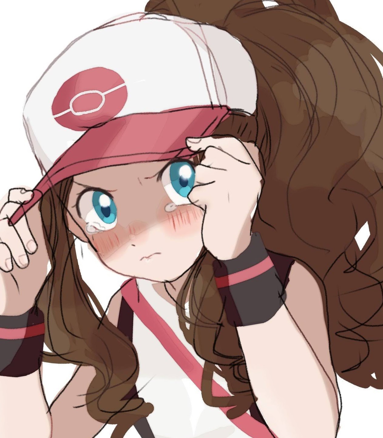 nakikot t, hilda (pokemon), nintendo, pokemon, pokemon bw, commentary request, highres, 1girl, aqua eyes, black vest, blush, brown hair, closed mouth, hands on headwear, hands up, hat, long hair, looking at viewer, open clothes, open vest, shirt, sidelocks, simple background, sleeveless, sleeveless shirt, solo, tearing up, upper body, vest, white background, white hat, white shirt, wristband