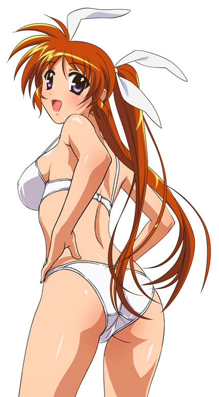 okuda yasuhiro, takamachi nanoha, lyrical nanoha, mahou shoujo lyrical nanoha, mahou shoujo lyrical nanoha strikers, derivative work, 00s, 1girl, ass, bra, brown hair, female focus, lingerie, panties, solo, underwear, underwear only