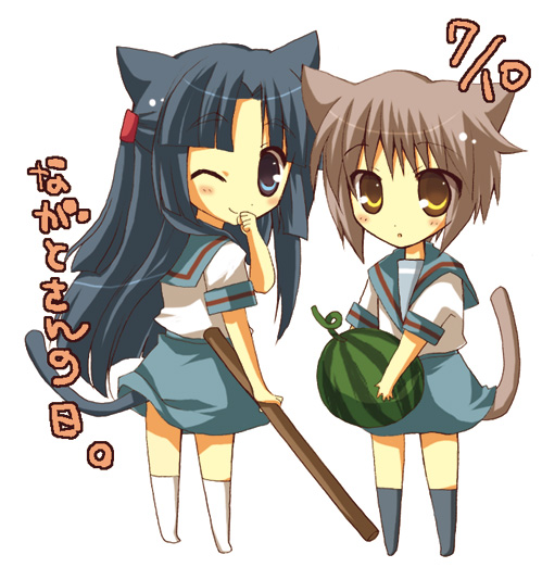 pokopi, asakura ryoko, nagato yuki, suzumiya haruhi no yuuutsu, 00s, 2girls, animal ears, cat ears, half updo, multiple girls, school uniform, serafuku