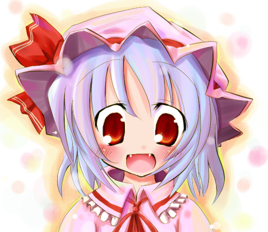 remilia scarlet, touhou, light purple hair, 1girl, blush, fangs, female focus, hat, hat ribbon, pink hat, red eyes, ribbon, short hair, smile, solo