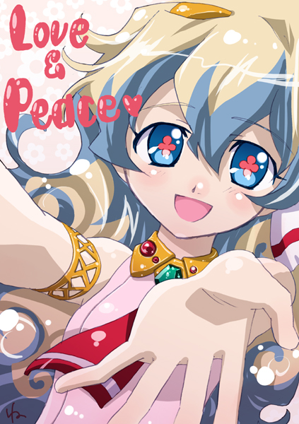karamiti, nia teppelin, tengen toppa gurren lagann, + +, 00s, 1girl, :d, armlet, blonde hair, blue eyes, blue hair, collar, cross-shaped pupils, dress, female focus, gem, jewelry, matching hair/eyes, multicolored hair, necktie, open mouth, outstretched arms, pink dress, red necktie, sleeveless, sleeveless dress, smile, solo, square-end necktie, symbol-shaped pupils, two-tone hair, upper body