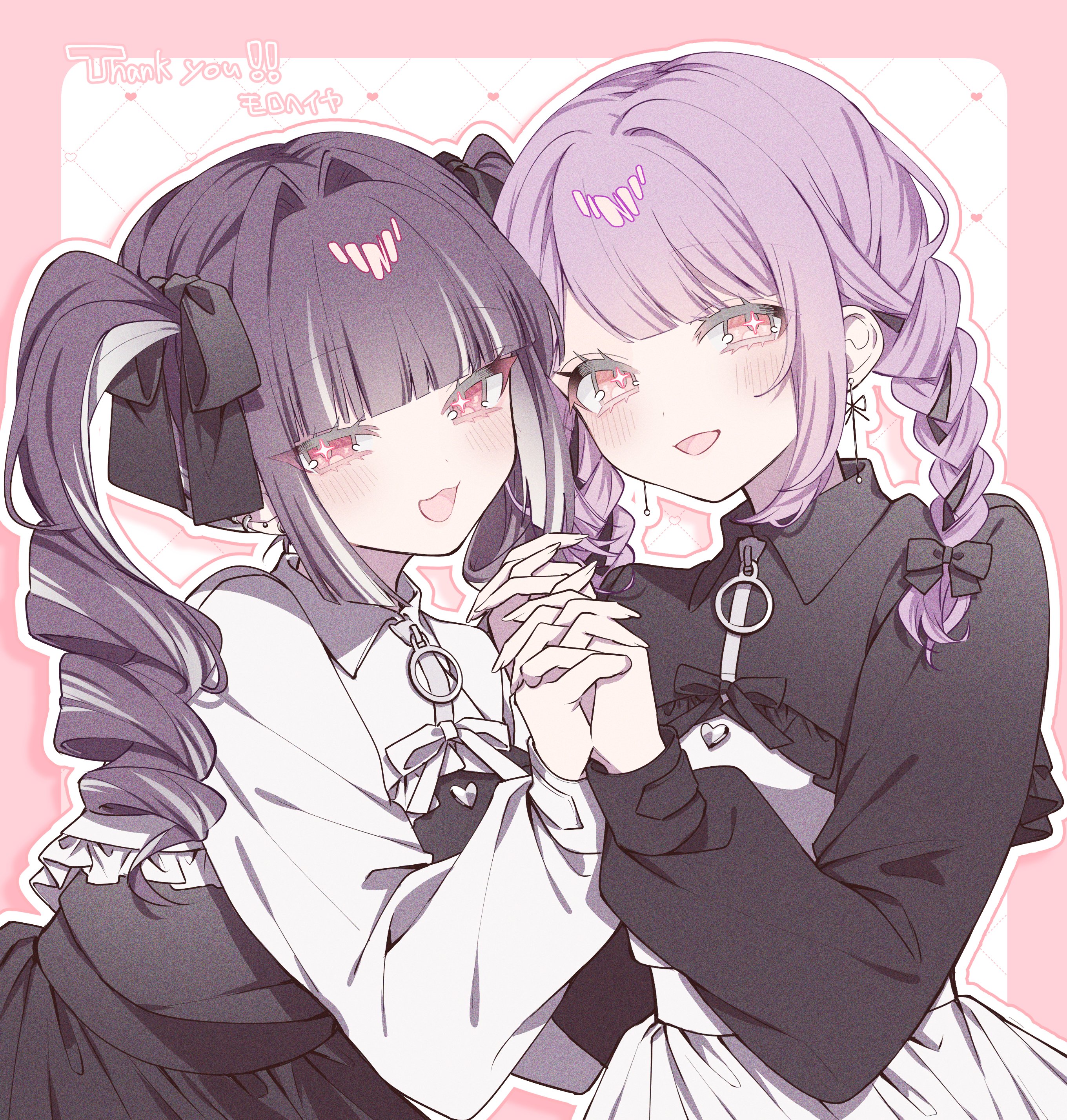 original, absurdres, commission, highres, skeb commission, 2girls, black bow, black dress, black hair, blunt bangs, blush, border, bow, braid, cross, cross earrings, dress, drill hair, earrings, hair bow, heart, holding hands, interlocked fingers, jewelry, long hair, long sleeves, looking at viewer, multicolored hair, multiple girls, open mouth, pink border, pink eyes, purple hair, ribbon, smile, streaked hair, twin braids, twin drills, twintails, tznb last, virtual youtuber, white dress, white hair