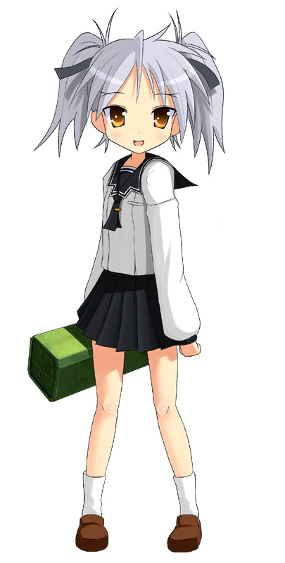 patorishia, patricia (stylish marunage), takega satsu, alice soft, dai (series), daiakuji, silver hair, 1girl, female focus, hair ribbon, orange eyes, ribbon, rocket launcher, school uniform, serafuku, short twintails, socks, solo, twintails, weapon