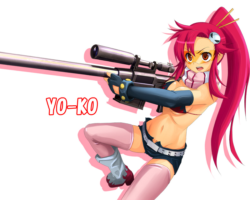 patorishia, patricia (stylish marunage), yoko littner, tengen toppa gurren lagann, 00s, 1girl, anti-materiel rifle, female focus, gun, red hair, rifle, sniper rifle, solo, thighhighs, weapon