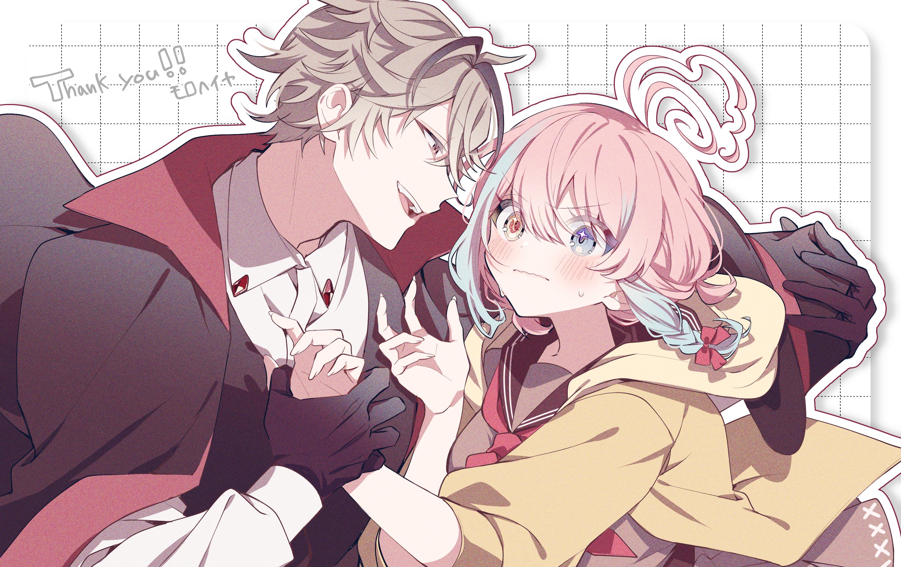 original, commission, highres, skeb commission, 1boy, 1girl, ahoge, black gloves, blue eyes, blue hair, blush, bow, braid, closed mouth, gloves, hair bow, halo, hetero, heterochromia, holding another's wrist, hood, jacket, long sleeves, looking at another, multicolored hair, neckerchief, open clothes, open mouth, pink eyes, pink hair, red neckerchief, sailor collar, school uniform, serafuku, shirt, short hair, side braid, sweatdrop, tznb last, upper body, yellow jacket