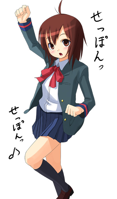 patorishia, patricia (stylish marunage), original, 1girl, arm up, black socks, blazer, blue skirt, bow, bowtie, brown eyes, brown hair, female focus, jacket, kneehighs, leg up, loafers, long sleeves, looking at viewer, miniskirt, musical note, open clothes, open jacket, quaver, red bow, red bowtie, school uniform, shirt, shoes, skirt, socks, solo, standing, standing on one leg, white shirt