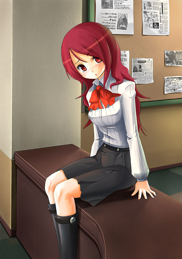 patorishia, kirijou mitsuru, atlus, megami tensei, persona, persona 3, shin megami tensei, 1girl, boots, bow, female focus, hair over one eye, long hair, red eyes, red hair, ribbon, school uniform, sitting, skirt, solo
