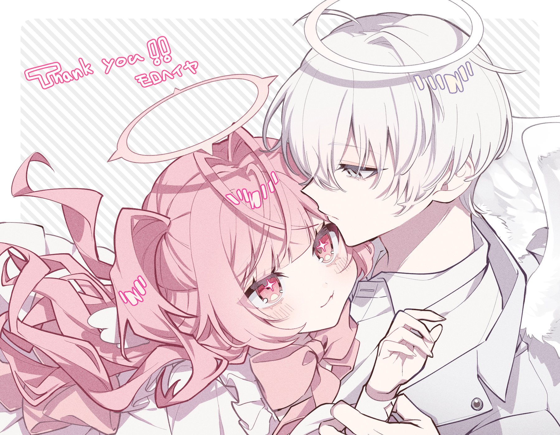 original, commission, highres, skeb commission, 1boy, 1girl, :3, angel, angel wings, blush, bow, bowtie, closed mouth, grey eyes, halo, hetero, long hair, pink bow, pink bowtie, pink eyes, pink hair, shirt, short hair, two side up, tznb last, white hair, white shirt, wings