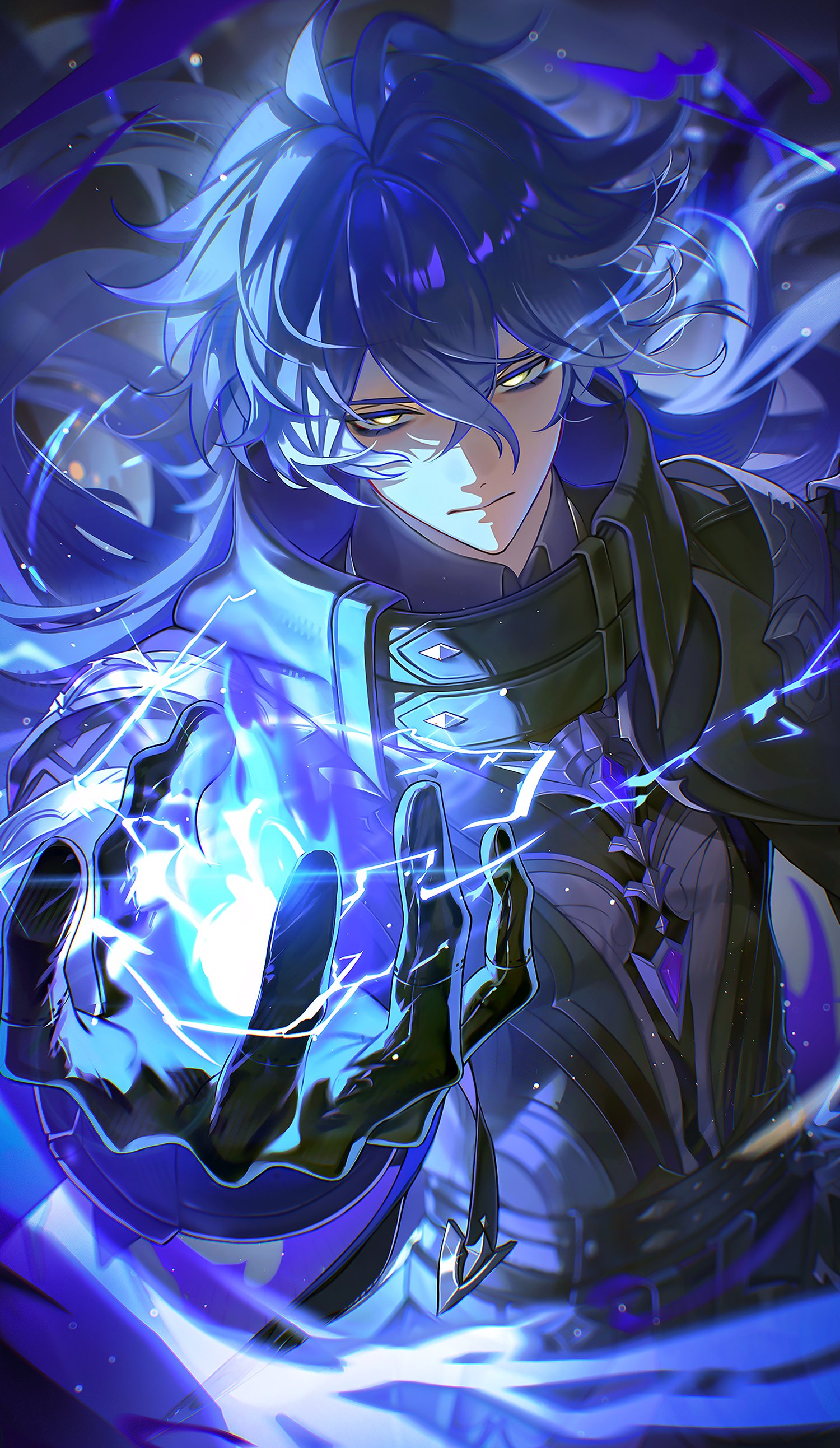tomanattsu, flins (genshin impact), genshin impact, absurdres, commentary request, highres, 1boy, belt, black belt, black coat, blue fire, closed mouth, coat, collared coat, cowboy shot, crossed bangs, double-parted bangs, empty eyes, fire, floating hair, hair between eyes, long hair, looking at viewer, male focus, pyrokinesis, shirt, solo, yellow eyes