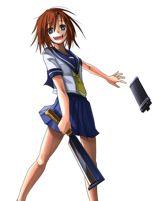 patorishia, patricia (stylish marunage), ryuuguu rena, higurashi no naku koro ni, 00s, 1girl, billhook, crazy eyes, crazy laugh, female focus, hashitsuki nata, hatchet, nata (tool), school uniform, serafuku, solo, stand high