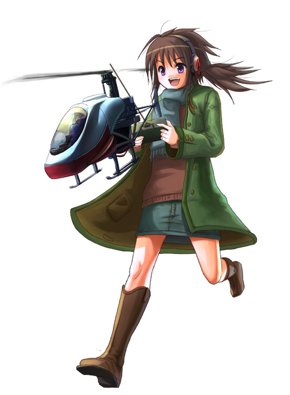 patorishia, original, 1girl, aircraft, brown hair, controller, female focus, headphones, helicopter, purple eyes, remote control, smile, solo