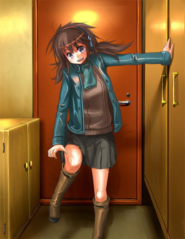 patorishia, patricia (stylish marunage), original, 1girl, :d, black skirt, blue scarf, brown eyes, brown hair, cupboard, door, female focus, full body, head tilt, headphones, indoors, jacket, leg up, long sleeves, looking at viewer, open clothes, open jacket, open mouth, pleated skirt, scarf, shelf, skirt, smile, solo, standing, standing on one leg, sweater, undressing