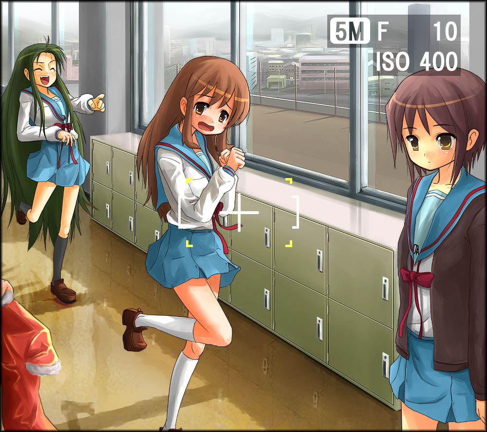patorishia, patricia (stylish marunage), asahina mikuru, nagato yuki, tsuruya, suzumiya haruhi no yuuutsu, 00s, 3girls, cardigan, long hair, multiple girls, pointing, pointing at another, very long hair