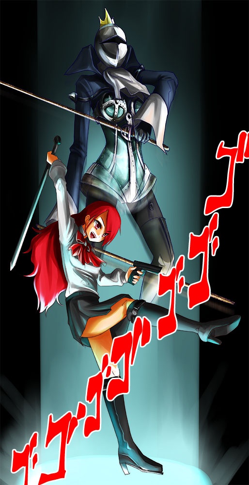 patorishia, patricia (stylish marunage), kirijou mitsuru, penthesilea, atlus, persona, persona 3, 1girl, boots, bow, long hair, red eyes, red hair, ribbon, school uniform, serafuku, smile, weapon
