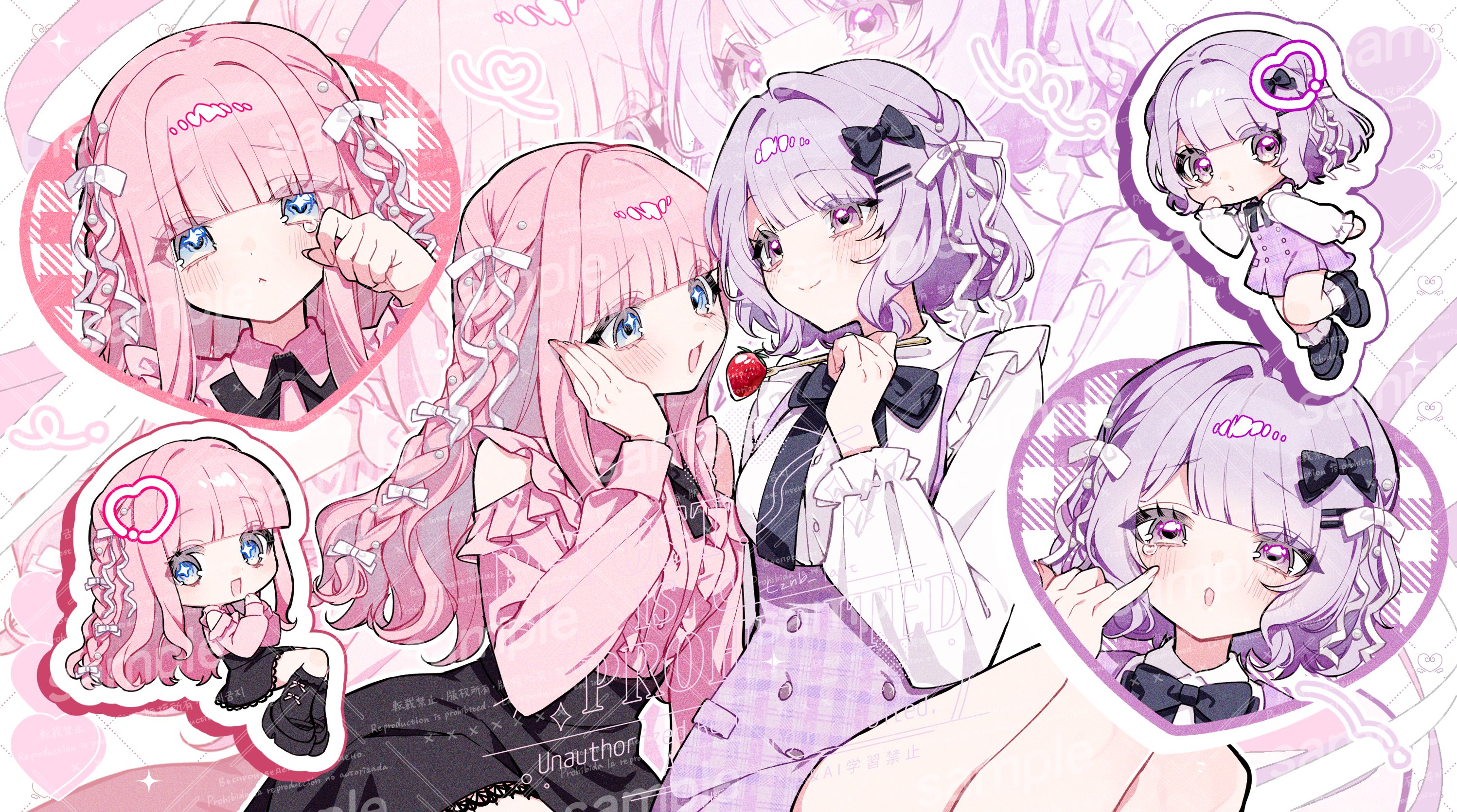 original, commission, highres, skeb commission, 2girls, black bow, black bowtie, black skirt, blue eyes, bow, bowtie, braid, clothing cutout, food, fork, frilled shirt, frills, fruit, hair bow, hair ribbon, hand on own cheek, hand on own face, heart, high-waist skirt, holding, holding fork, jirai kei, long hair, long sleeves, multiple girls, open mouth, pink hair, pink shirt, purple hair, ribbon, shirt, shoulder cutout, skirt, smile, strawberry, tznb last, white ribbon, white shirt, zoom layer