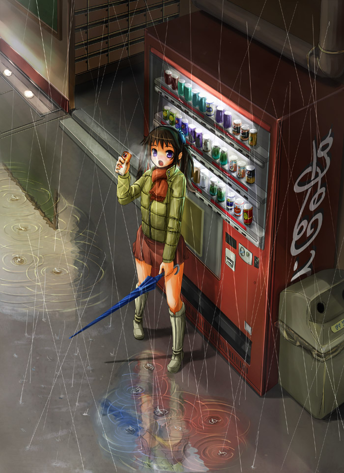 patorishia, patricia (stylish marunage), original, 1girl, blue eyes, breath, brown hair, can, closed umbrella, female focus, jacket, ponytail, rain, scarf, skirt, solo, umbrella, vending machine