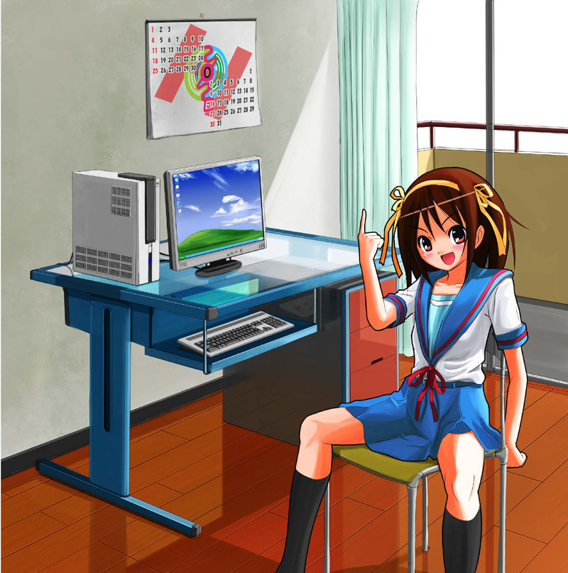 patorishia, suzumiya haruhi, bliss (image), kadokawa shoten, microsoft, microsoft windows, suzumiya haruhi no yuuutsu, windows xp, 00s, 1girl, brown hair, calendar, calendar (object), chair, computer, computer keyboard, female focus, hairband, monitor, on chair, school uniform, serafuku, short hair, sitting, solo