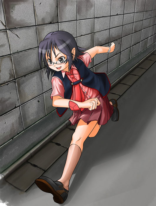 patorishia, patricia (stylish marunage), original, 1girl, :d, black hair, blue eyes, brown shoes, female focus, full body, glasses, green-framed eyewear, kneehighs, loafers, open mouth, pink socks, pleated skirt, red skirt, running, semi-rimless eyewear, shoes, short hair, skirt, smile, socks, solo, under-rim eyewear