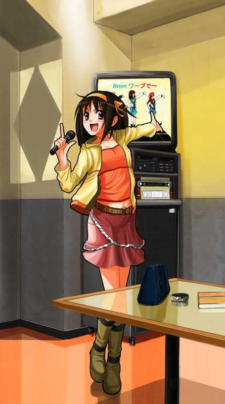 patorishia, patricia (stylish marunage), suzumiya haruhi, suzumiya haruhi no yuuutsu, 00s, 1girl, brown hair, female focus, karaoke, short hair, solo