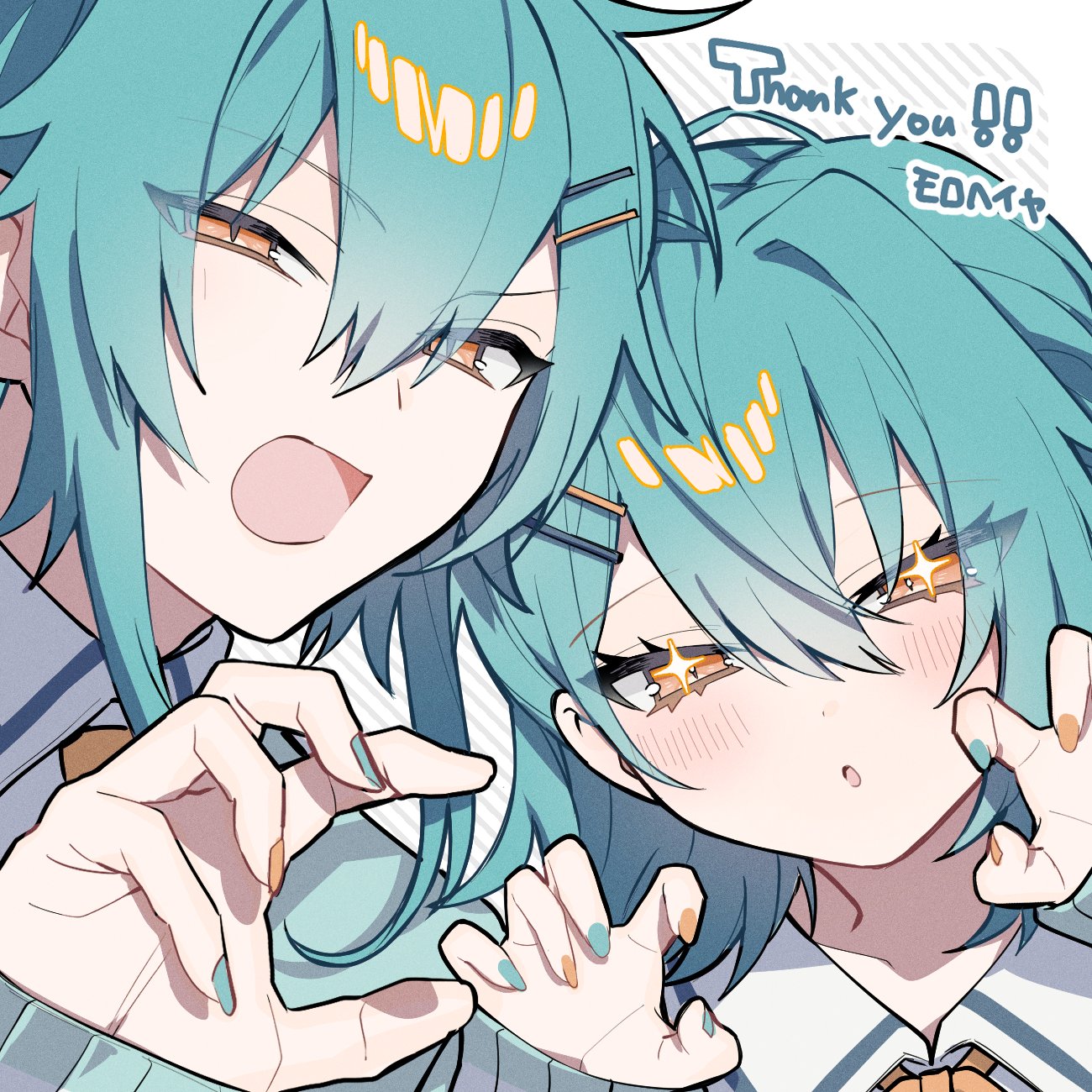 original, commission, highres, skeb commission, + +, 1boy, 1girl, :o, aqua hair, aqua nails, blue nails, blush, bow, bowtie, claw pose, collared shirt, hair ornament, hairclip, looking at viewer, medium hair, multicolored nails, nail polish, neck ribbon, necktie, open mouth, orange bow, orange bowtie, orange eyes, orange nails, orange necktie, orange ribbon, ribbon, shirt, sparkling eyes, tznb last, white shirt