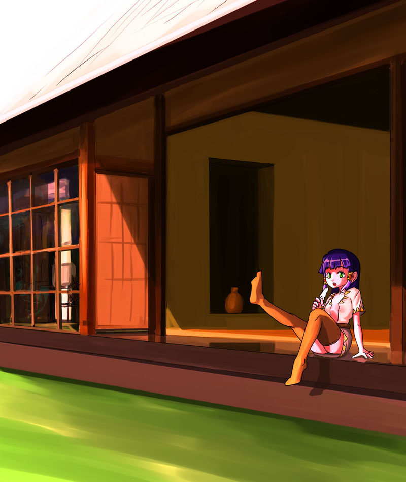 patorishia, original, 1girl, female focus, food, green eyes, leg up, orange thighhighs, popsicle, purple hair, sitting, solo, thighhighs, veranda