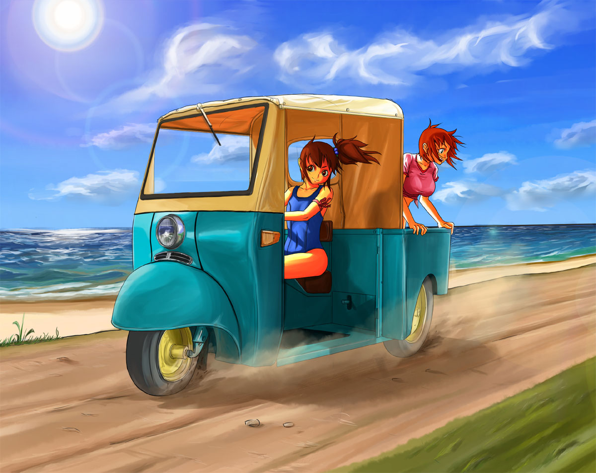 patorishia, patricia (stylish marunage), original, 2girls, asymmetrical hair, beach, car, cloud, daihatsu midget, day, driving, motor vehicle, multiple girls, one-piece swimsuit, outdoors, school swimsuit, side ponytail, sky, swimsuit, vehicle focus, wind