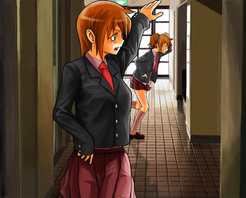 patorishia, patricia (stylish marunage), original, 2girls, blazer, multiple girls, necktie, red hair, school uniform, twintails