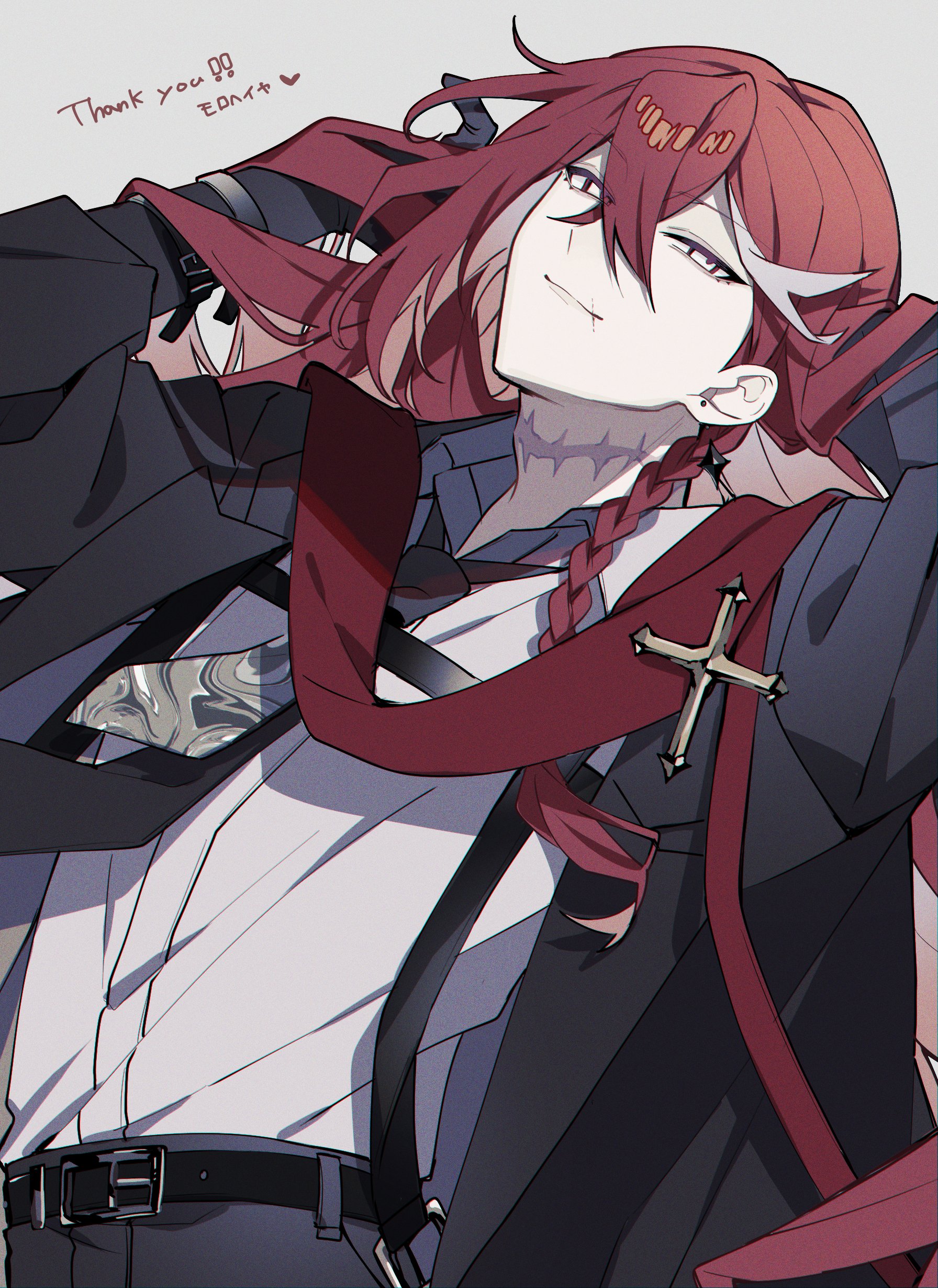 original, absurdres, commission, highres, skeb commission, 1boy, black gloves, black jacket, black necktie, braid, closed mouth, collared shirt, cross, earrings, gloves, hair between eyes, jacket, jewelry, lapels, long hair, long sleeves, looking at viewer, male focus, multicolored hair, necktie, open clothes, red hair, red scarf, scar, scar on neck, scarf, shirt, simple background, smile, solo, streaked hair, tznb last, upper body, white hair, white shirt