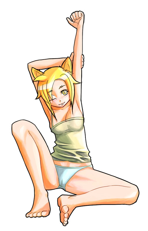 patorishia, original, 1girl, animal ears, arm up, barefoot, blonde hair, cameltoe, camisole, cat ears, feet, female focus, full body, one eye closed, panties, sitting, slit pupils, solo, stretching, tank top, underwear, wink, yellow eyes