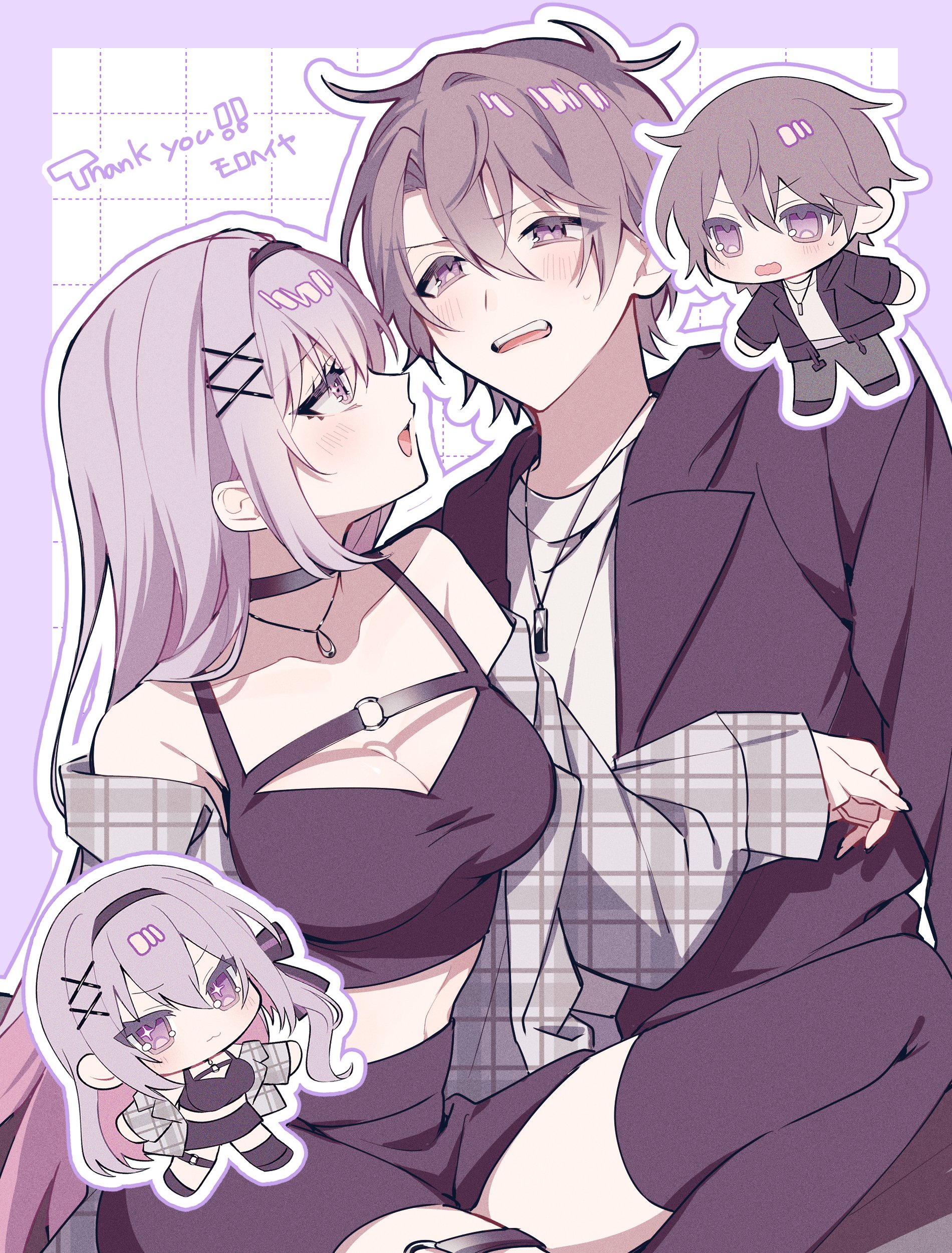 original, absurdres, commission, highres, skeb commission, 1boy, 1girl, black choker, black hairband, black jacket, black skirt, black thighhighs, blush, breasts, brown hair, chibi, chibi inset, choker, cleavage, crop top, hair ornament, hairband, hetero, jacket, jewelry, long hair, looking at another, necklace, open mouth, purple background, purple eyes, purple hair, shirt, skirt, thighhighs, tznb last, unmoving pattern, virtual youtuber, x hair ornament