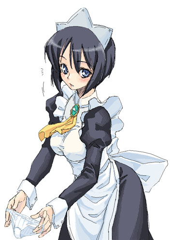satou atsuki, siesta (zero no tsukaima), zero no tsukaima, lowres, 00s, cowboy shot, holding, holding panties, holding underwear, holding unworn clothes, panties, simple background, solo, underwear, white background