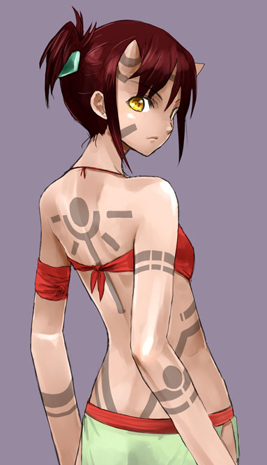 adachi yousuke, 1girl, back, back focus, demon girl, female focus, horns, looking back, oni, solo, tattoo, yellow eyes