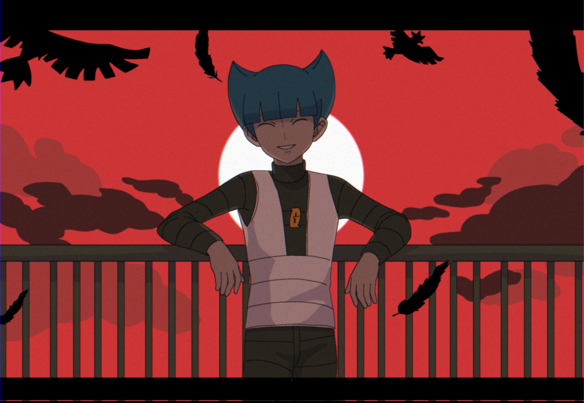 nakikot t, murkrow, saturn (pokemon), nintendo, pokemon, pokemon dppt, commentary request, highres, 1boy, against fence, black pants, black shirt, blue hair, blunt bangs, closed eyes, facing viewer, feathers, fence, gen 2 pokemon, grin, letterboxed, logo, long sleeves, male focus, moon, night, outdoors, pants, pokemon (creature), red sky, shirt, silhouette, sky, smile, team galactic, team galactic uniform, teeth, vest